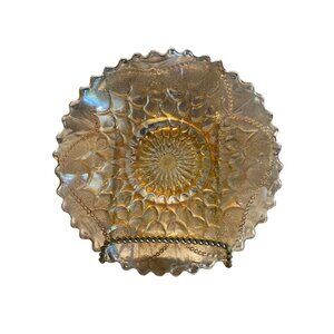 Vintage Iridescent Carnival Glass Bowl w/ Scalloped Edge & Brass Stand
